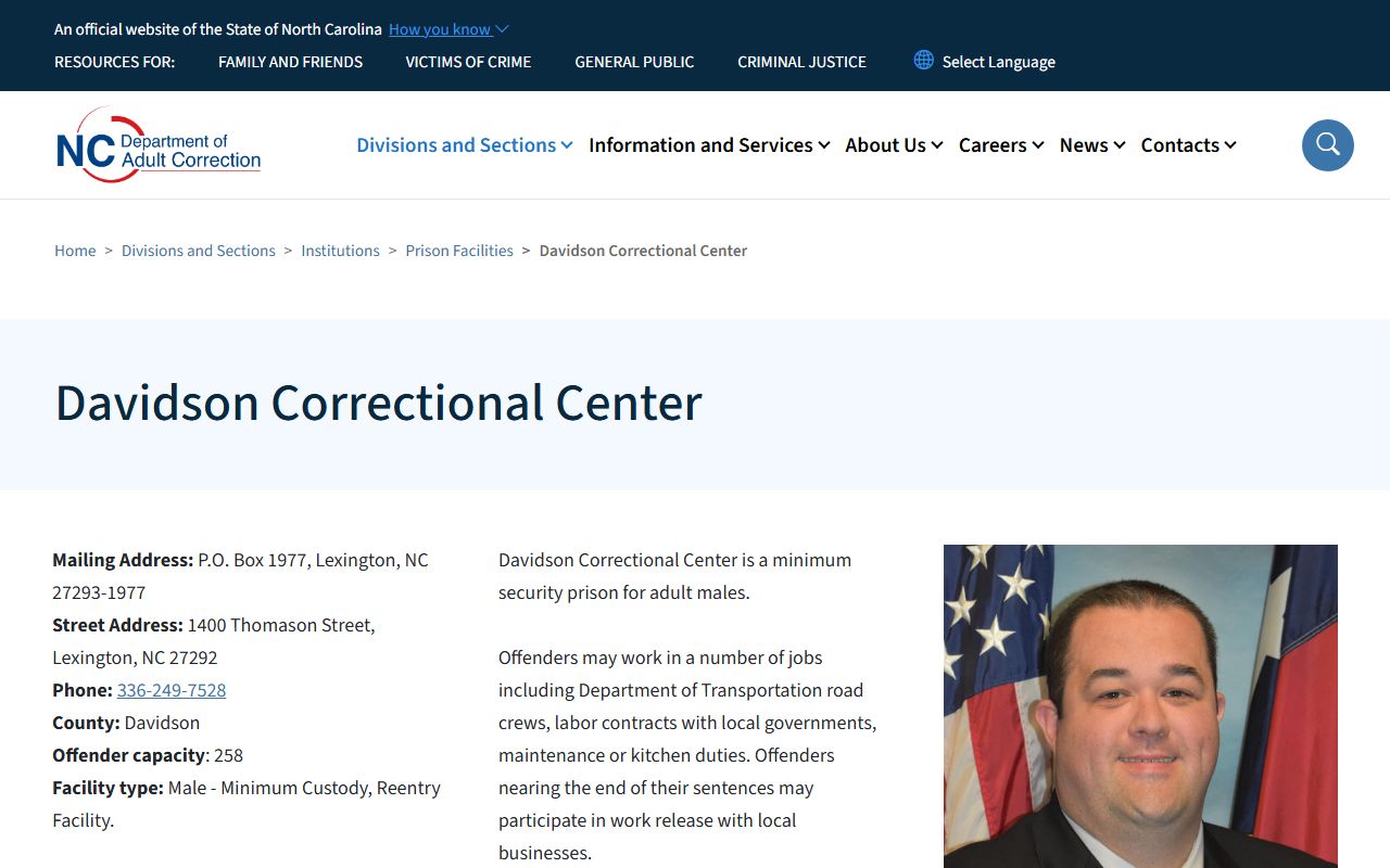 Davidson Correctional Center NCDAC inmate lookup facility record